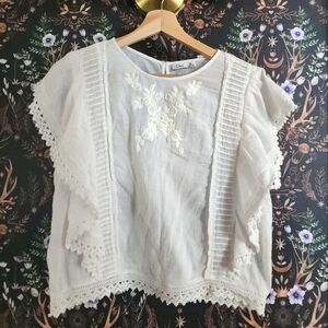 Dex White Gauze Embroidered Crocheted Lace Flutter Sleeve Top - Size L